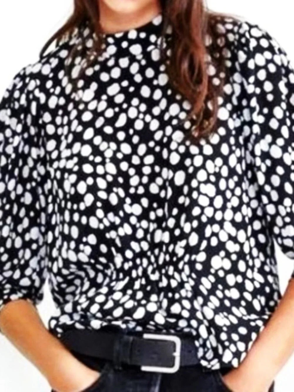 Zara Mock neck Puff Sleeve Top Blouse Size M Black White